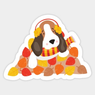 Autumn Dog, Cute Dog, Basset Hound, Autumn Leaves Sticker